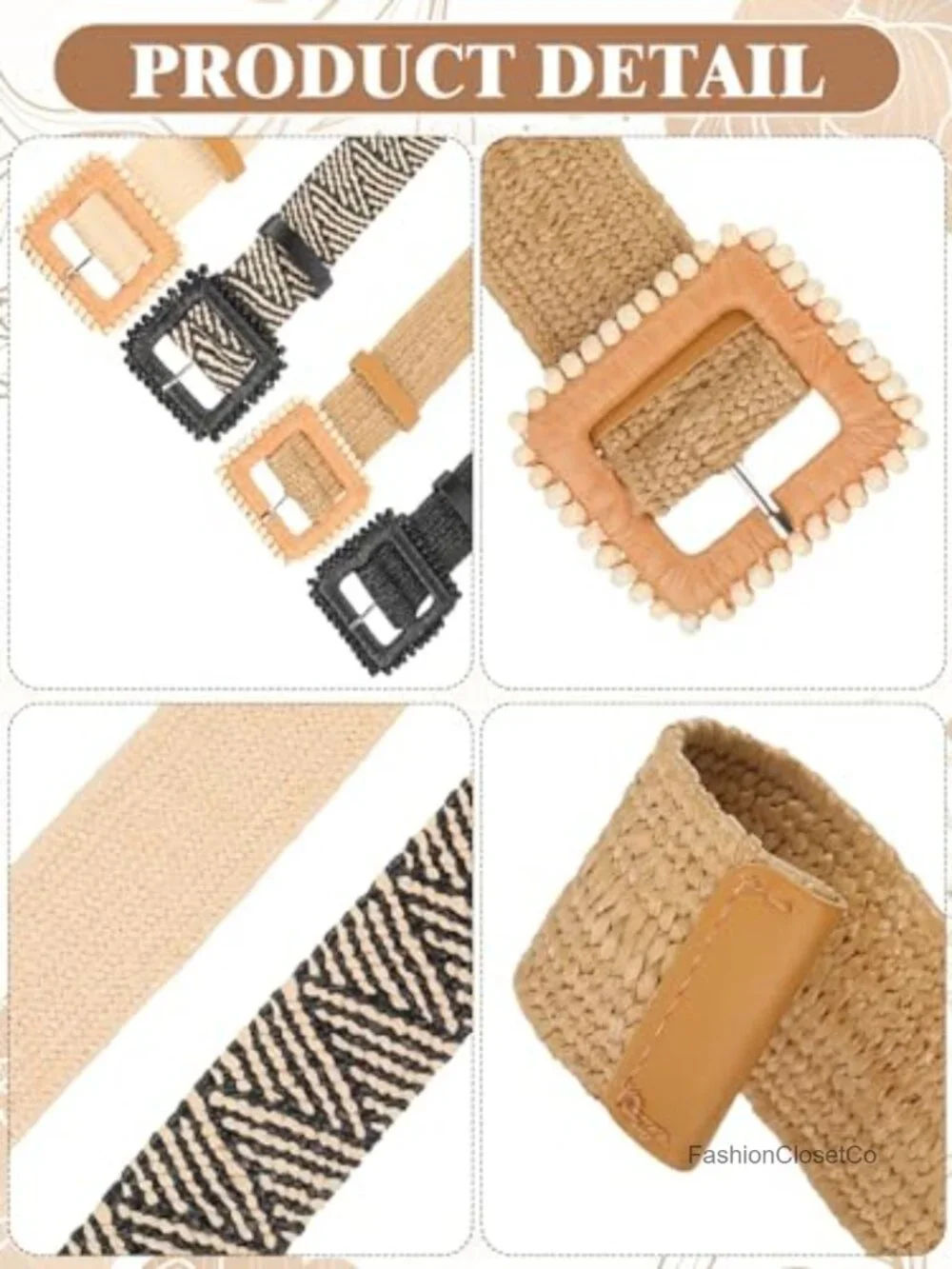 4 Pcs Elastic Raffia Woven Belt Set, Boho Rattan Buckle Stretch Straw Wide